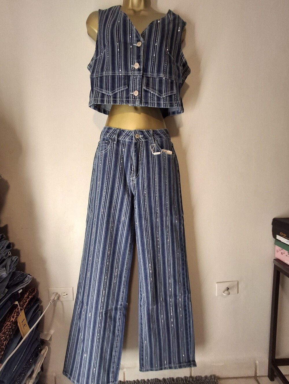 Striped Two-Piece Denim Vest & Wide Leg Pants Set in Blue